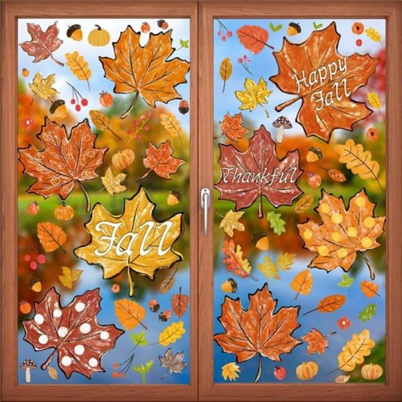 8 Sheets Thanksgiving Fall Window Clings, Maple Leaves Pine Cones Oil Painting - Picture 1 of 7
